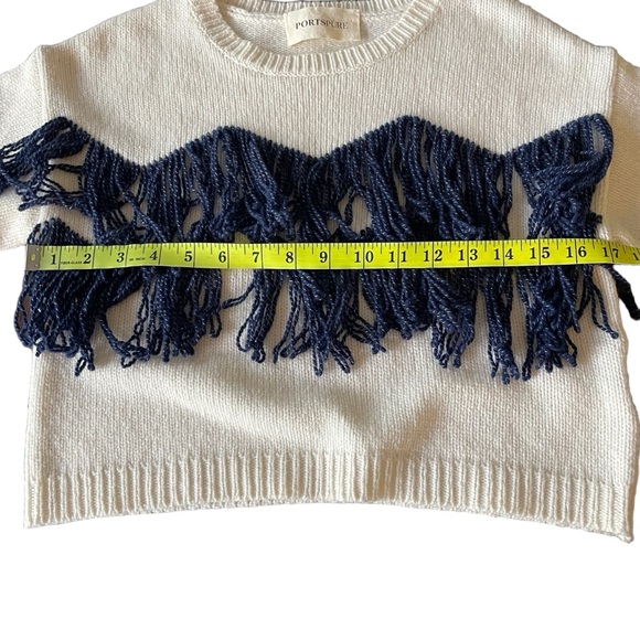 PortsPURE White with Navy Fringe Short Sleeve Boxy Crop Sweater (XS) - Picture 7 of 11